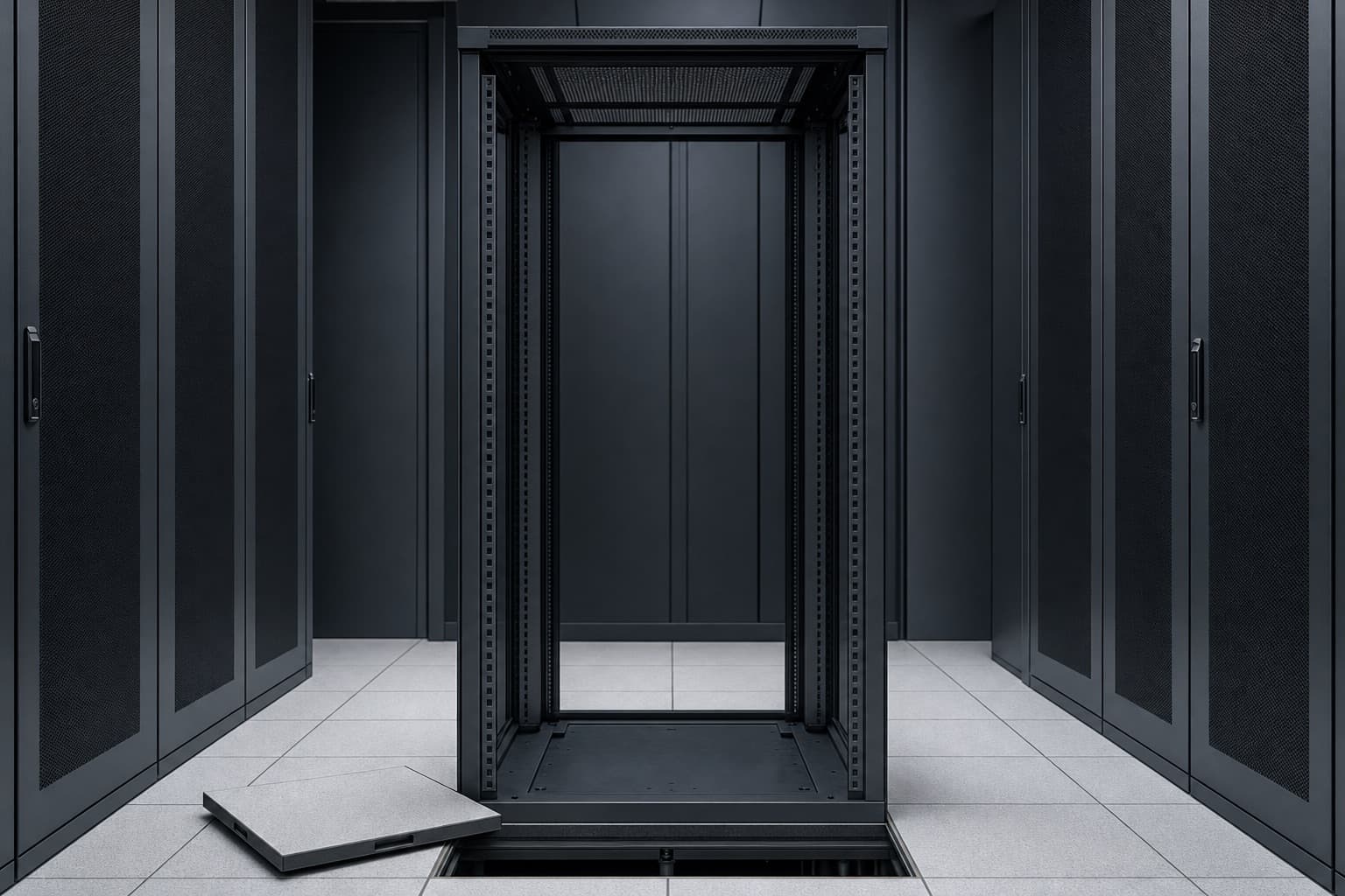 The same rack position completely empty, bare uprights with a floor tile lifted beside it