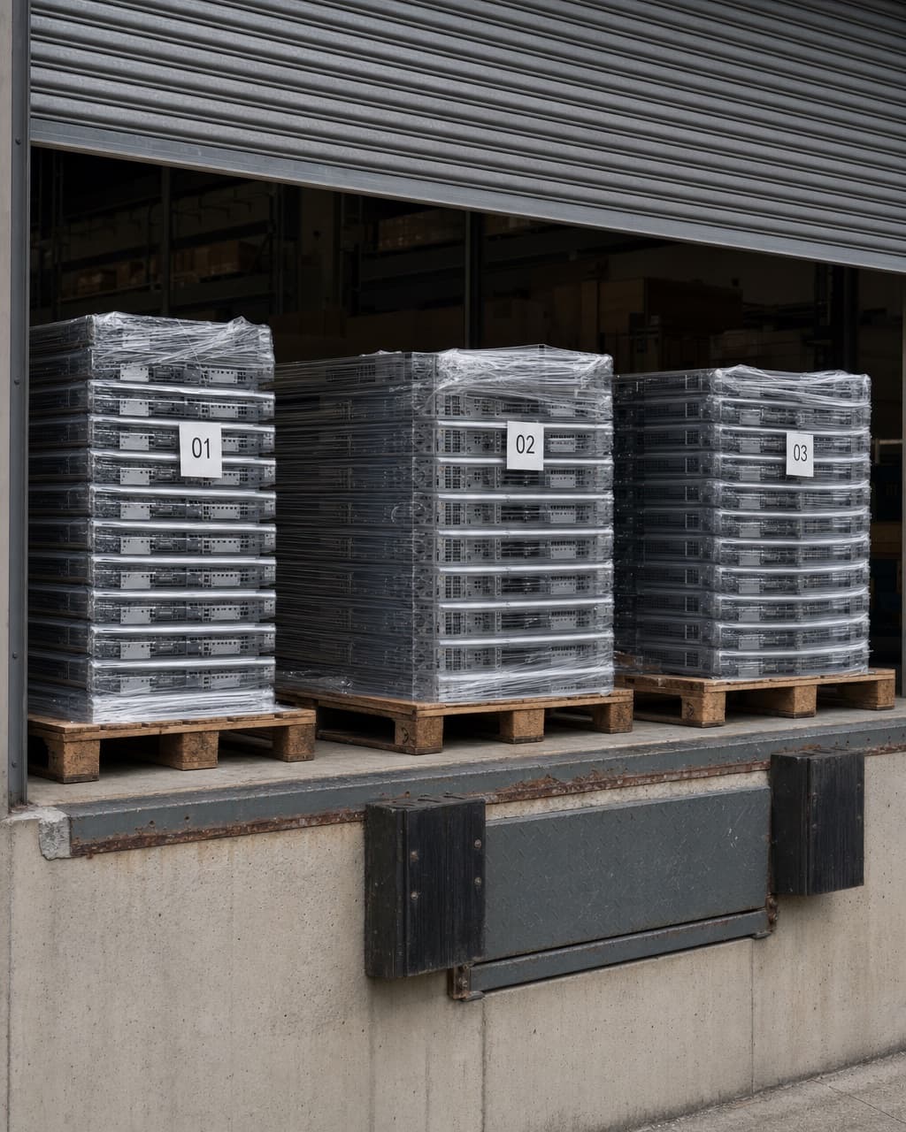Pallets of decommissioned rack-mount chassis shrink wrapped and stacked on a loading dock with numbered tags