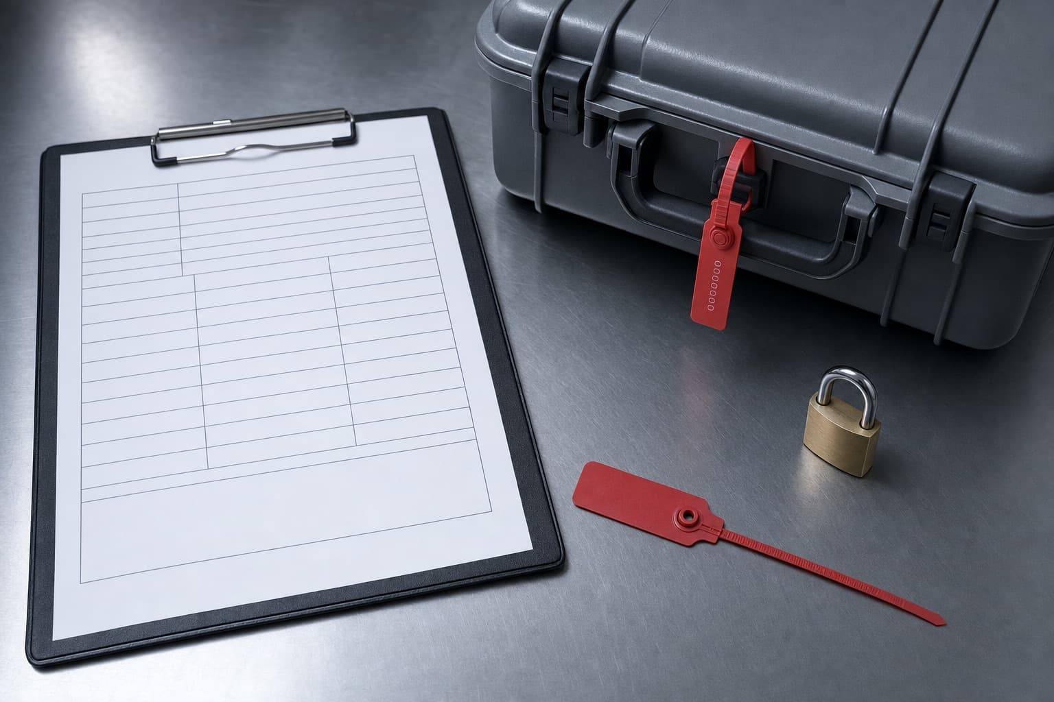 A blank chain of custody document, a numbered security seal, a padlock and a sealed transport case on a steel table