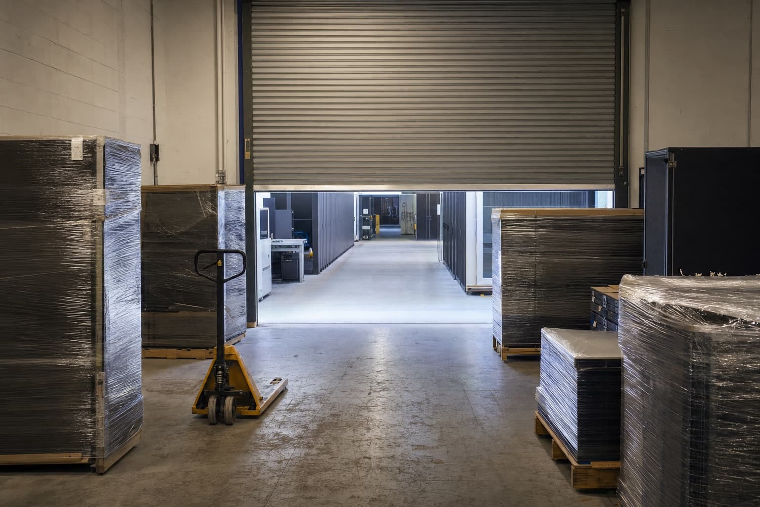 A loading dock with pallets of wrapped equipment waiting, roller shutter half open
