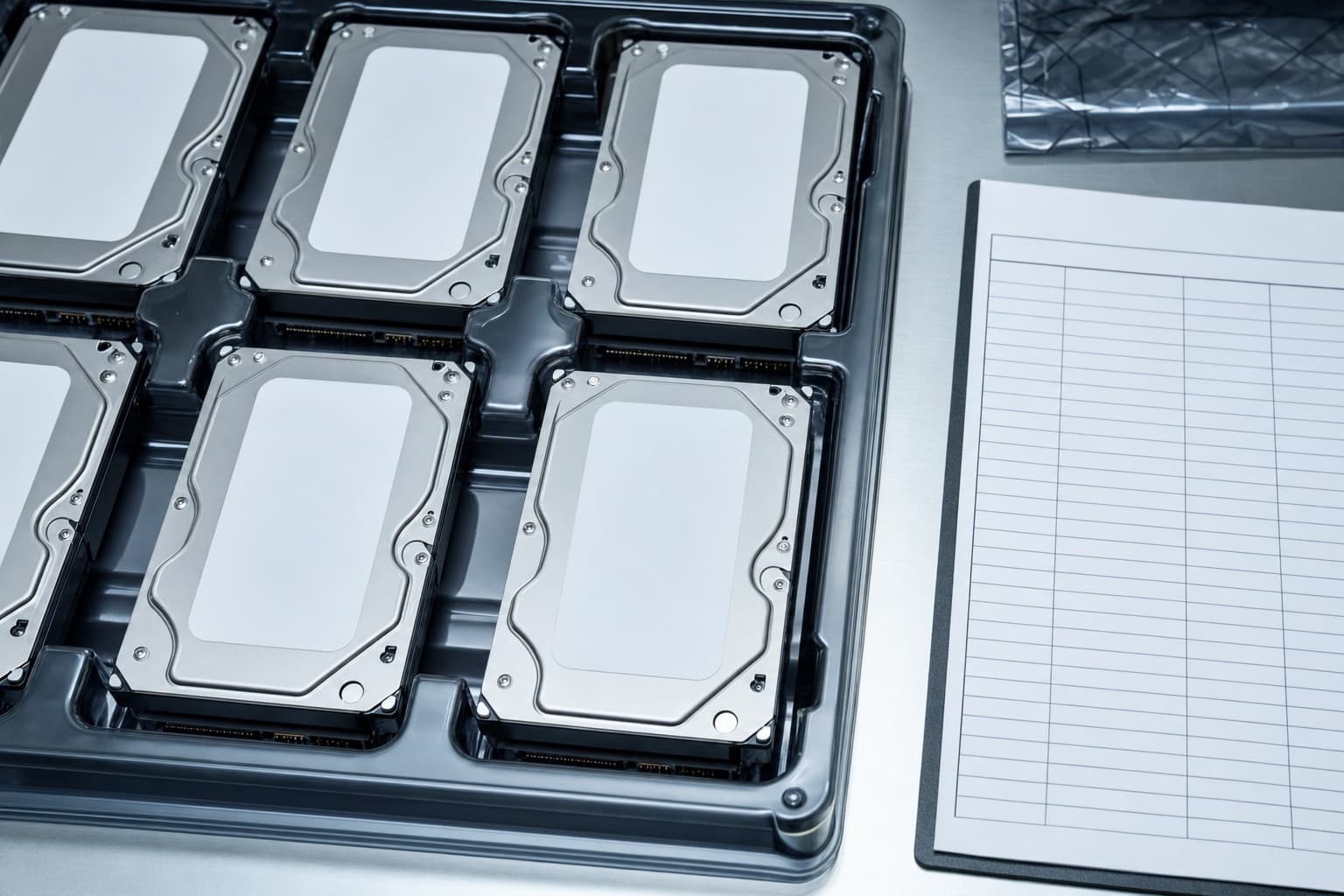 A bank of hard drives laid out in an antistatic tray with a blank serial-number log beside them