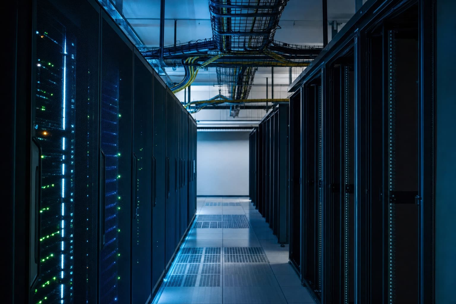 A data hall mid-migration: one row lit and active, the adjacent row dark and half empty