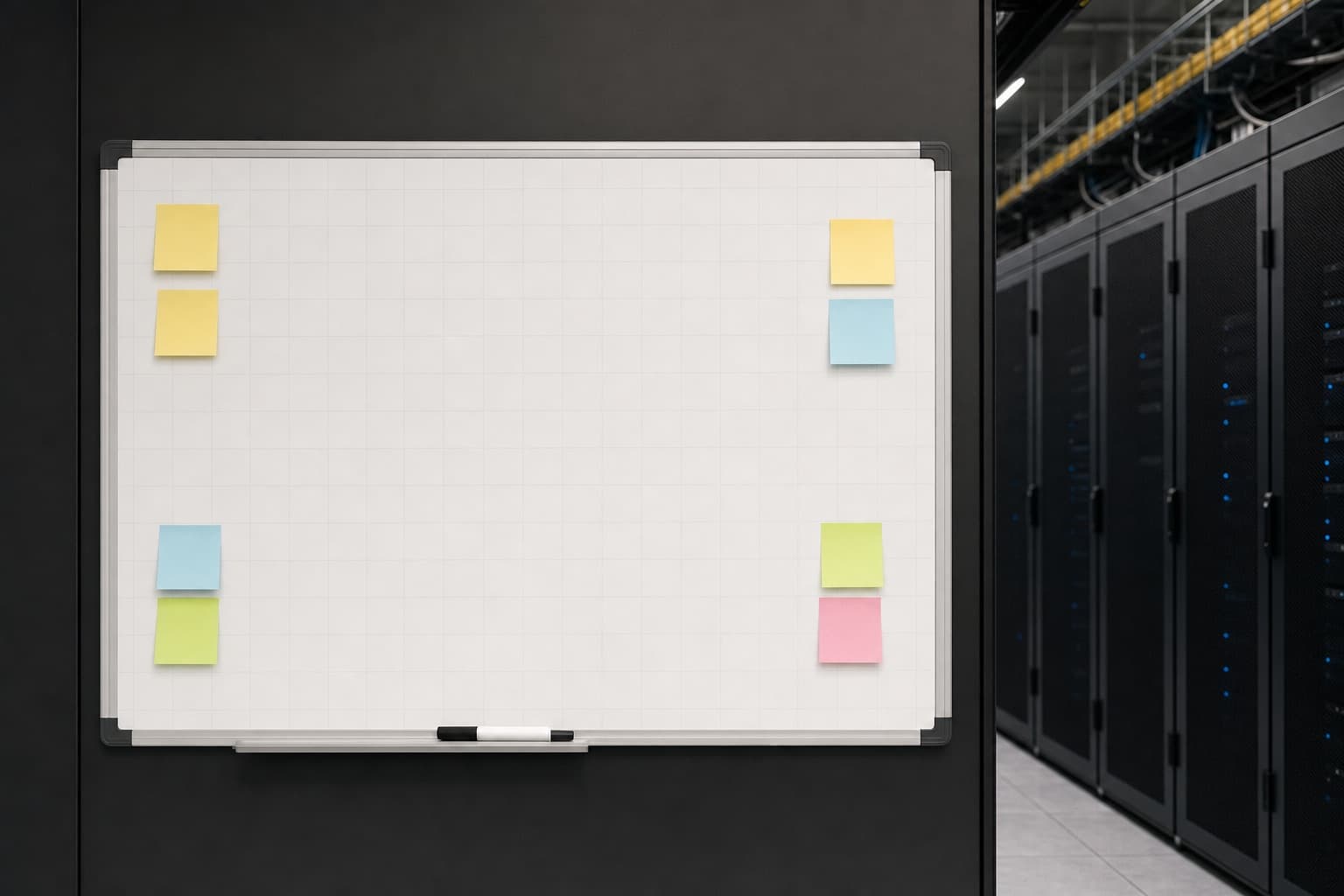 A blank project grid on a data hall wall with unwritten sticky notes and a marker