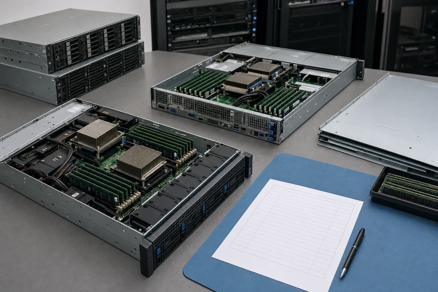 Servers on a workbench being assessed for resale, covers removed and memory visible