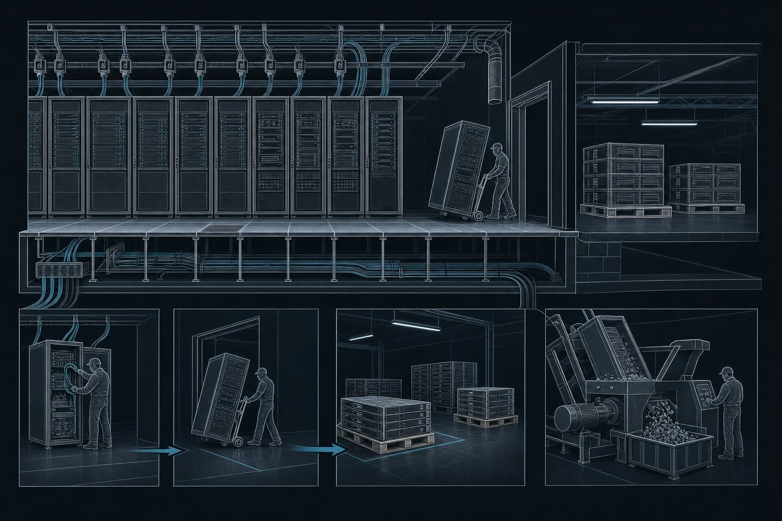 Cutaway of an exit sequence: rack row, floor void, equipment path to staging, destruction station