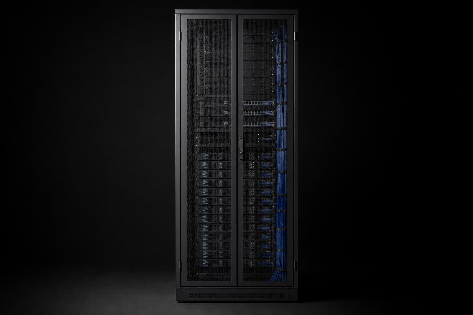 A single fully populated server rack in a data hall, cabling dressed down one side, front doors closed, lit from the left with deep shadow to the right