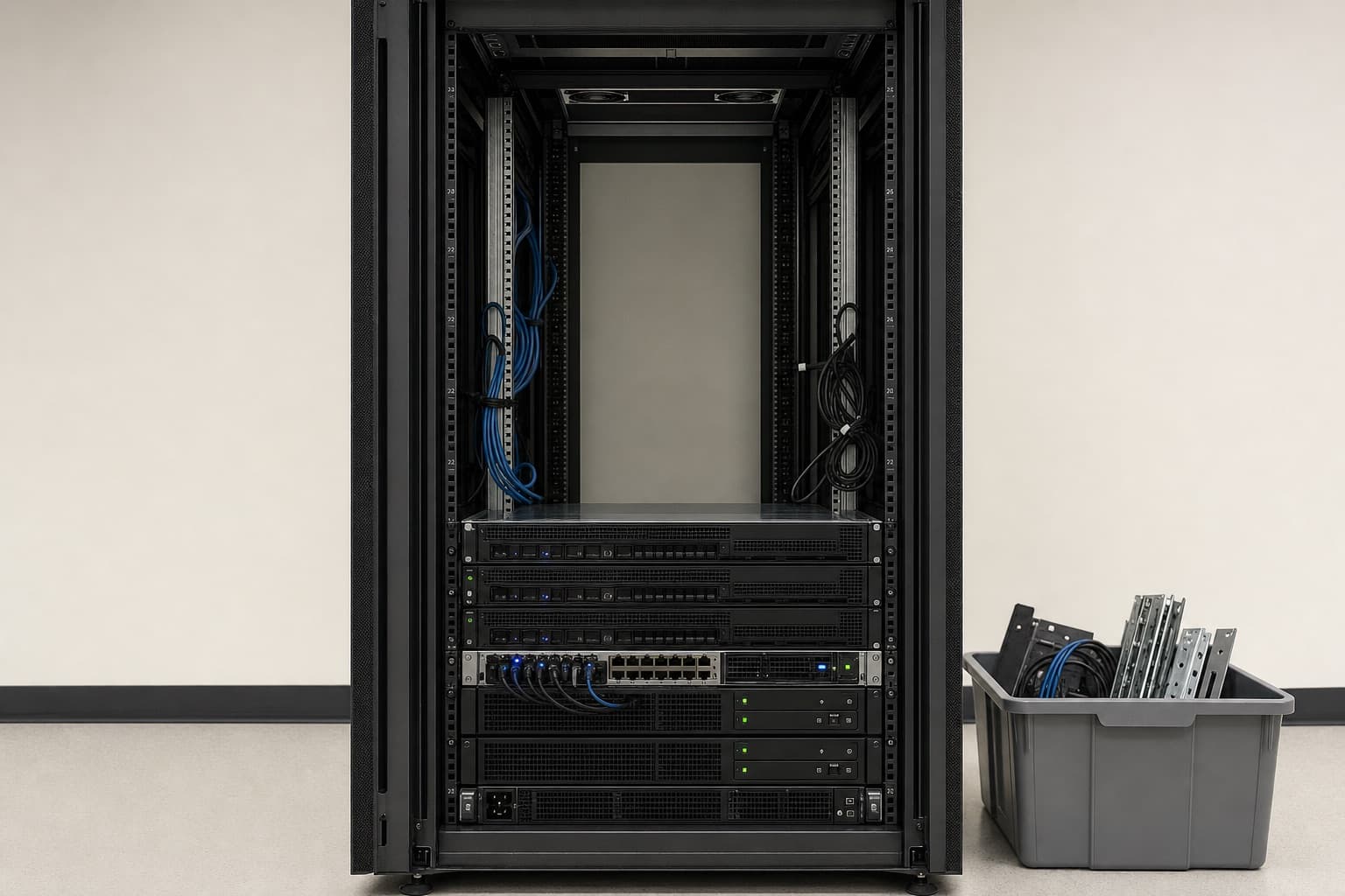 A server rack half emptied, the upper half stripped to bare rails with cables cut back and coiled, the lower half still populated, a labelled bin beside it