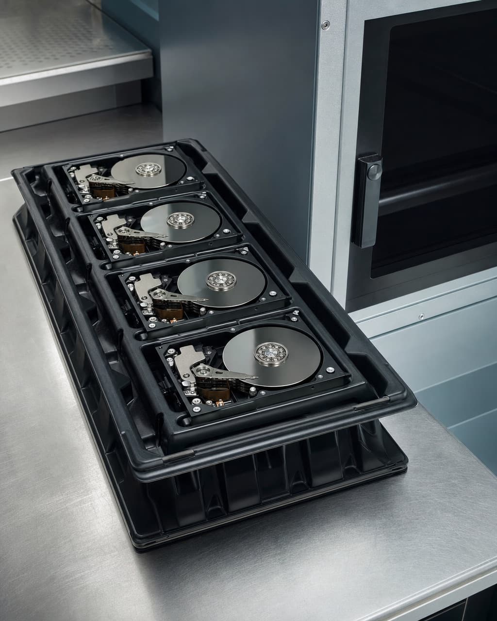 Loose hard drives laid out in an anti-static tray on a stainless bench beside a degausser cabinet