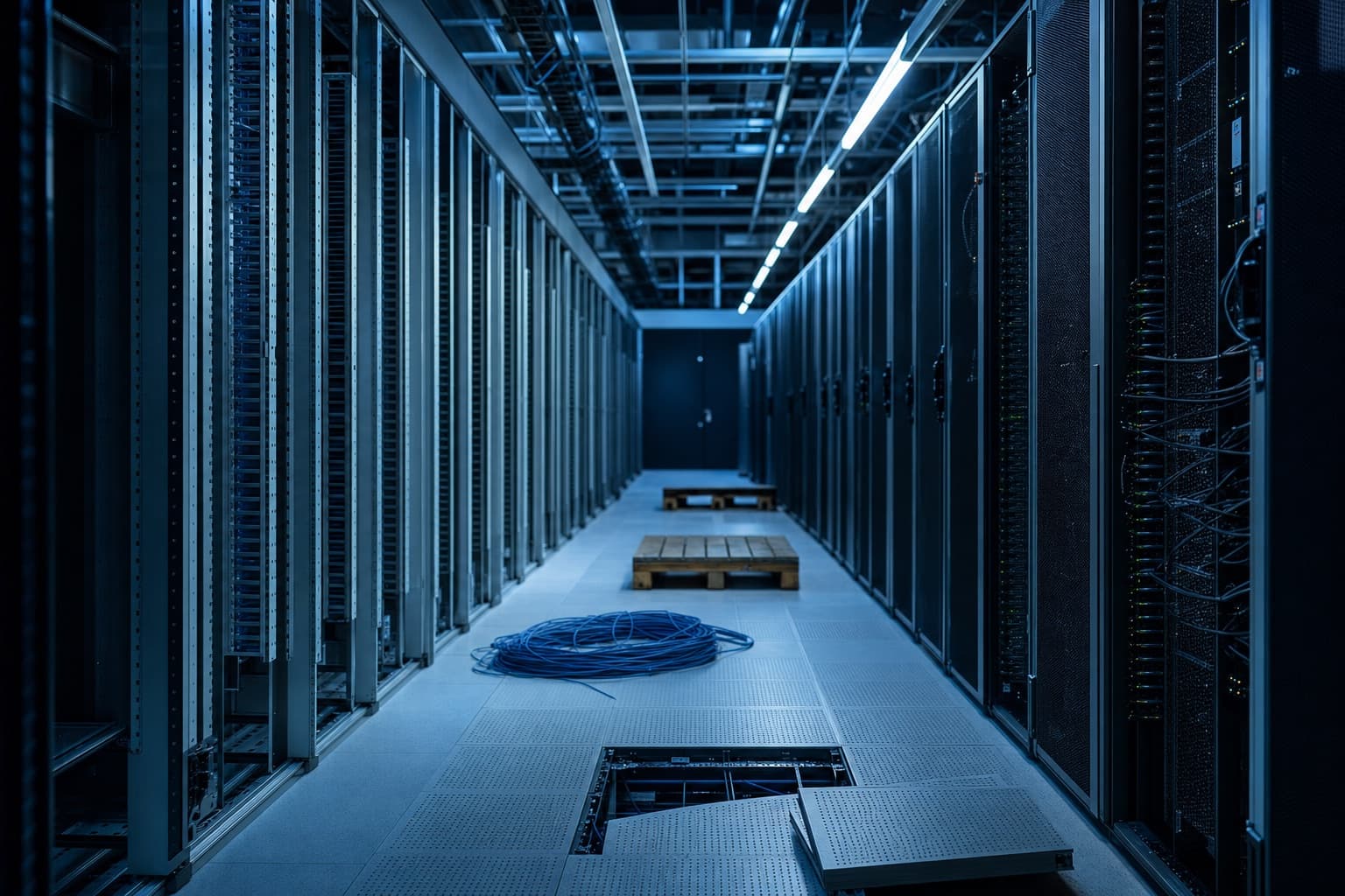 A data center hall being decommissioned: two rows of racks, half of them emptied to rails, coiled network cable and empty pallets in the cold aisle, floor tiles lifted