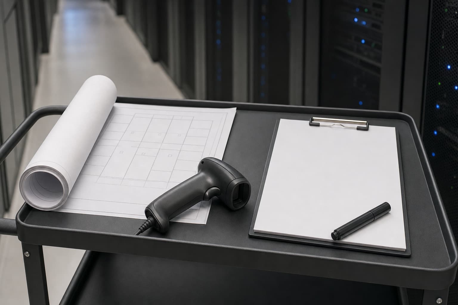 A rolled floor plan, a barcode scanner and a blank asset register on a rolling cart